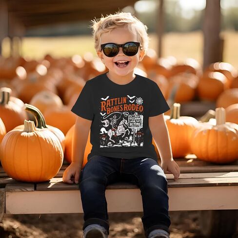Kekemi Toddler Boys Girls Halloween Sirt Bones Rodeo T-Shirt Skeleton Cowboy Spooky Season Outfit Fall Short Sleeve Tops Tops in Kuwait