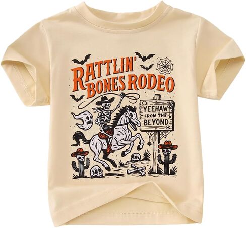 Kekemi Toddler Boys Girls Halloween Sirt Bones Rodeo T-Shirt Skeleton Cowboy Spooky Season Outfit Fall Short Sleeve Tops Tops in Kuwait