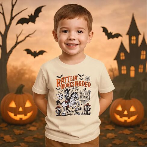 Kekemi Toddler Boys Girls Halloween Sirt Bones Rodeo T-Shirt Skeleton Cowboy Spooky Season Outfit Fall Short Sleeve Tops Tops in Kuwait