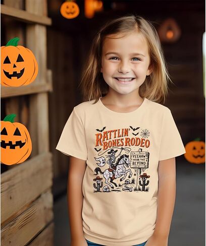 Kekemi Toddler Boys Girls Halloween Sirt Bones Rodeo T-Shirt Skeleton Cowboy Spooky Season Outfit Fall Short Sleeve Tops Tops in Kuwait