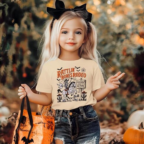 Kekemi Toddler Boys Girls Halloween Sirt Bones Rodeo T-Shirt Skeleton Cowboy Spooky Season Outfit Fall Short Sleeve Tops Tops in Kuwait
