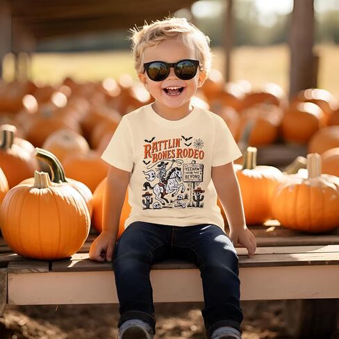 Kekemi Toddler Boys Girls Halloween Sirt Bones Rodeo T-Shirt Skeleton Cowboy Spooky Season Outfit Fall Short Sleeve Tops Tops in Kuwait