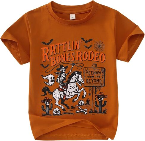 Kekemi Toddler Boys Girls Halloween Sirt Bones Rodeo T-Shirt Skeleton Cowboy Spooky Season Outfit Fall Short Sleeve Tops Tops in Kuwait