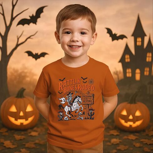 Kekemi Toddler Boys Girls Halloween Sirt Bones Rodeo T-Shirt Skeleton Cowboy Spooky Season Outfit Fall Short Sleeve Tops Tops in Kuwait