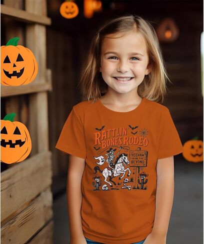Kekemi Toddler Boys Girls Halloween Sirt Bones Rodeo T-Shirt Skeleton Cowboy Spooky Season Outfit Fall Short Sleeve Tops Tops in Kuwait