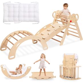 Wingyz 8-in-1 Pikler Triangle Set-Wooden Climbing Toys مع وسادة ، قوس ، منحدر وسلم | Montessori Toddler Climber Indoor Jungle Gym for Kids (Blue) in Kuwait