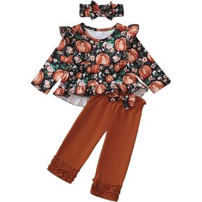 Kislio Toddler Baby Girls Fall Winter Clothes Pumpkin Ghost Shirt Tops Ruffle Pants Set Infant Halloween Outfits 3PCS in Kuwait