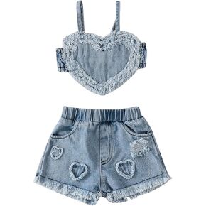 2PCS Infant Baby Girl Raw Edge Heart Shape Strap Crop Tops + Heart Ripped Denim Shorts Clothes Sets in Kuwait