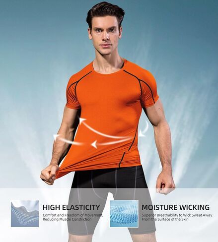 LEICHR Men's Compression Shirts Short Sleeve Dry Fit Workout Gym T-Shirt Running Baselayer Tops Sports Athletic Undershirts in Kuwait