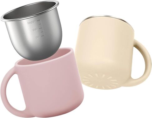 2-IN-1 Open Baby Cups, Stainless Steel Tiny Cup + Silicone Training Cup for Toddlers Kids Babys, No Plastic Taste | No Soap Smell | Shock-proof BLW Feeding Essentials, 2-Pack, Blush/Beige in Kuwait