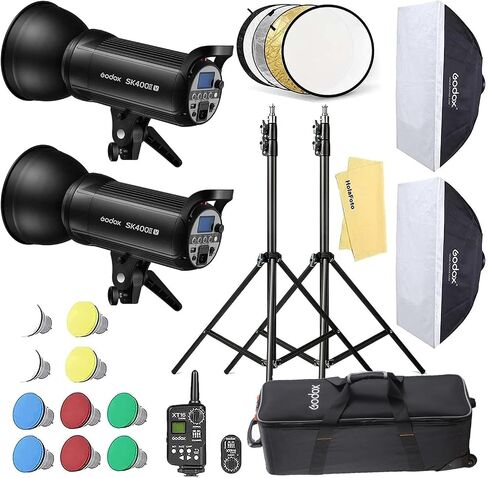 Godox SK400II 2Pcs 800Ws Studio Strobe Flash Monolight Light, Built-in 2.4G Wireless X System, GN65 5600K AC100-120V/60Hz for Studio Shooting, with XT-16 / Softbox / 2M Light Stand / 5-in-1 Reflectors in Saudi Arabia