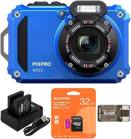 Kodak Pixpro WPZ2 Camera 16mp Digital Digital مع تكبير 4x (أزرق) مع بطاقة ذاكرة 32 جيجابايت ، بطاريات (حزمة) وقارئ البطاقات (4 عناصر) in Kuwait