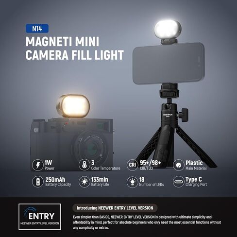 NEEWER ENTRY LEVEL VERSION Magnetic Camera Auxiliary Light for Vlog, 1W Plastic Small Cold Shoe LED Panel Lighting for Phone Cage Action Cam AC024 OSMO Pocket 3 Mount & M21, 3 Modes CRI95+ 250mAh, N14 in Saudi Arabia