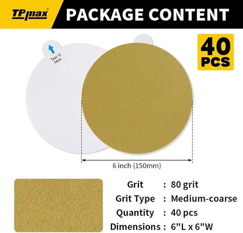 6-Inch 80-Grit Gold PSA Sanding Discs, 40 Pack – Pro-Grade Self-Adhesive Stickyback Sandpaper with Quick-Release Tabs for DA Sander, Medium-Coarse Automotive/Wood/Metal Sanding in Kuwait