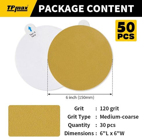 6-Inch 80-Grit Gold PSA Sanding Discs, 40 Pack – Pro-Grade Self-Adhesive Stickyback Sandpaper with Quick-Release Tabs for DA Sander, Medium-Coarse Automotive/Wood/Metal Sanding in Kuwait