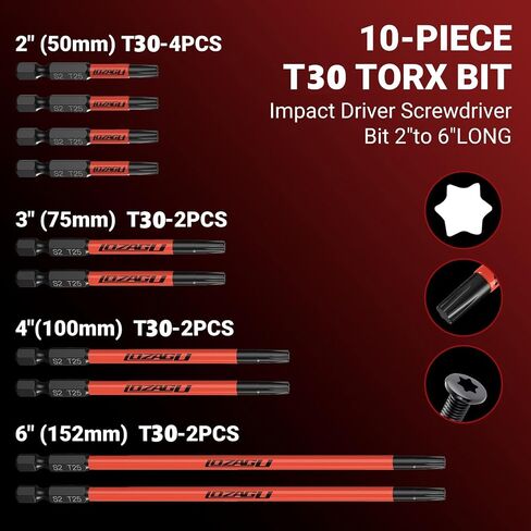 10-Piece T30 Torx Bits, 2'' to 6'' (50-152mm), Magnetic T30 Torx Bits for Impact Driver, 1/4 Inch Hex Shank | S2 Steel in Kuwait