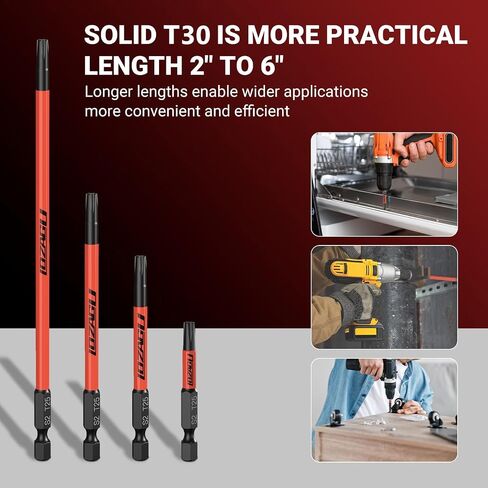 10-Piece T30 Torx Bits, 2'' to 6'' (50-152mm), Magnetic T30 Torx Bits for Impact Driver, 1/4 Inch Hex Shank | S2 Steel in Kuwait