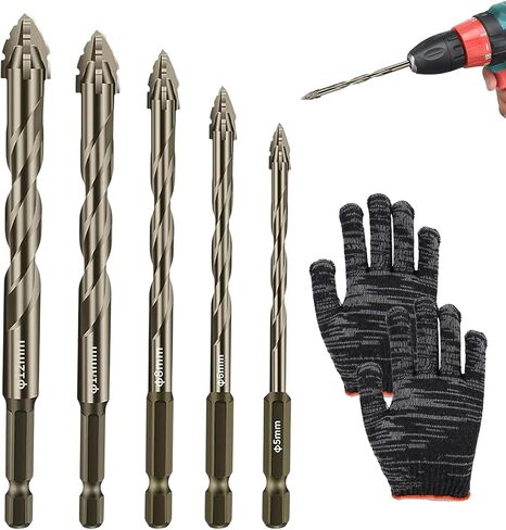 Masonry Drill Bit Set 5 Pcs Carbide Drill Bits, Brocas High Strength Suitable for Glass, Tiles, Bricks, Cement Concrete Plastic Wood, Size 0.19in, 0.23in, 0.31in, 0.39in, 0.47in (with Gloves * 2) in Saudi Arabia