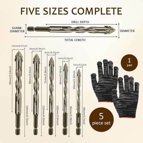 Masonry Drill Bit Set 5 Pcs Carbide Drill Bits, Brocas High Strength Suitable for Glass, Tiles, Bricks, Cement Concrete Plastic Wood, Size 0.19in, 0.23in, 0.31in, 0.39in, 0.47in (with Gloves * 2) in Saudi Arabia