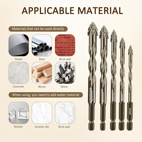Masonry Drill Bit Set 5 Pcs Carbide Drill Bits, Brocas High Strength Suitable for Glass, Tiles, Bricks, Cement Concrete Plastic Wood, Size 0.19in, 0.23in, 0.31in, 0.39in, 0.47in (with Gloves * 2) in Saudi Arabia