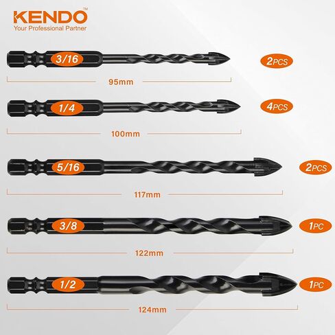 KENDO 10PCS Cement Drill Bit Set, 3/16"-1/2" Masonry Drill Bits Set, Tungsten Carbide Tip, Professional Concrete Drill Bit Set for Cement, Brick, Tile, Wood, Plastic, Glass and Ceramic Tile in Kuwait