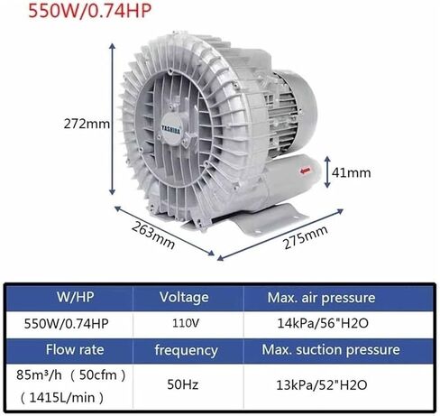110V Regenerative Blower 0.24HP/0.33HP/0.47HP High-Pressure Vortex for Sewage Aeration & Aquarium Oxygenation - 550W Fish Pond Blower in Kuwait
