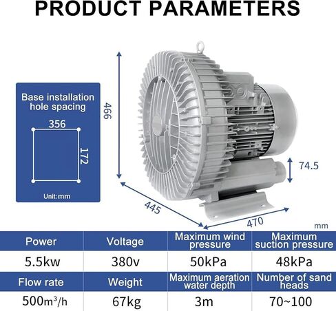 120W-7500W Fortex Ring Blower-0.16HP-10HP ، منفاخ مجددي واحد/ثلاثة مراحل لحوض السمك ، الزراعة المائية ، تهوية البركة ، خزان الصرف الصحي ومياه الصرف الصحي (550W/380V) in Kuwait