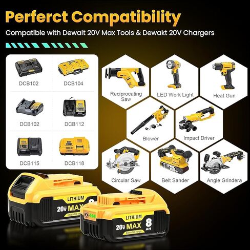 استبدال Kingtianle لبطارية DeWalt 20v Max: 8.0ah Lithium متوافق مع بطارية DeWalt DCB208 DCB200 DCB206 DCB205 أدوات الطاقة اللاسلكية 4 حزمة in Kuwait