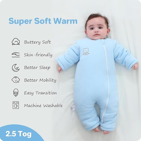 Organic Cotton Baby Sleep Sack with Legs Warm Winter 3-6 Months 2.5 Tog, Wearable Blanket Sleeping Bag for Easy Diaper Changing Transitional Unisex Sleep sacks for Newborn Infant Girls Boys Blue in Kuwait