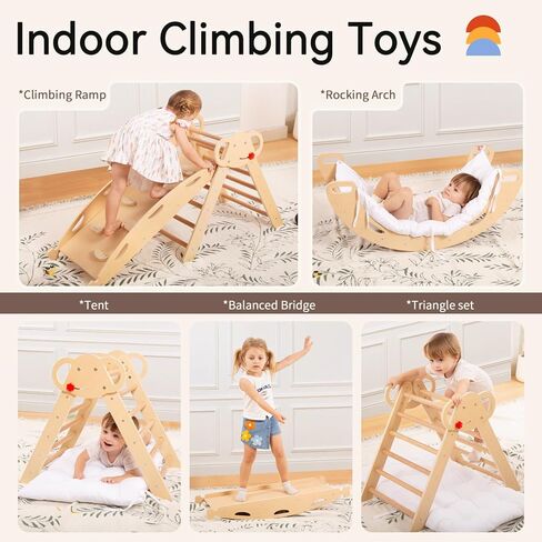 Wingyz 8-in-1 Pikler Triangle Set-Wooden Climbing Toys مع وسادة ، قوس ، منحدر وسلم | Montessori Toddler Climber Indoor Jungle Gym for Kids (Blue) in Kuwait