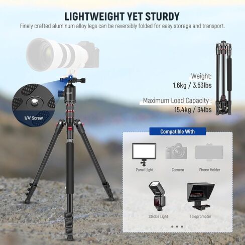 NEEWER 77" Camera Tripod Monopod with Cell Phone Holder Compatible with iPhone for Video Recording, Compact Aluminum Lightweight Travel Stand with Ball Head QR Plate Bag Cleaning Cloth, Max Load 34lbs in Saudi Arabia