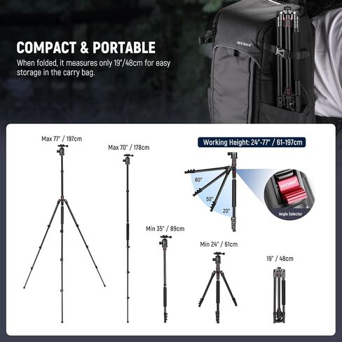 NEEWER 77" Camera Tripod Monopod with Cell Phone Holder Compatible with iPhone for Video Recording, Compact Aluminum Lightweight Travel Stand with Ball Head QR Plate Bag Cleaning Cloth, Max Load 34lbs in Saudi Arabia