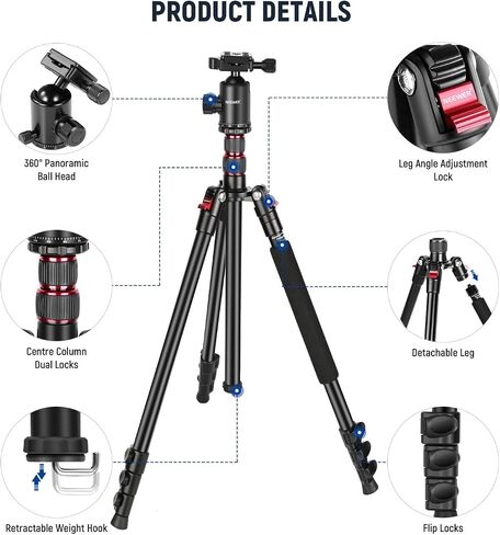 NEEWER 77" Camera Tripod Monopod with Cell Phone Holder Compatible with iPhone for Video Recording, Compact Aluminum Lightweight Travel Stand with Ball Head QR Plate Bag Cleaning Cloth, Max Load 34lbs in Saudi Arabia