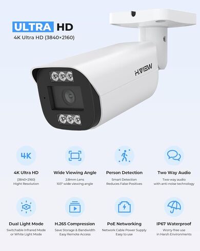نظام كاميرا أمان H.VIEW 4K 32 قناة NVR PoE 8 تيرابايت، اكتشاف المركبات البشرية بالذكاء الاصطناعي، مفتاح PoE 24 منفذًا، كاميرات IP PoE الصوتية التجارية الخارجية 20 × 8 ميجابكسل، اكتشاف الذكاء الاصطناعي، المراقبة للأعمال in Saudi Arabia