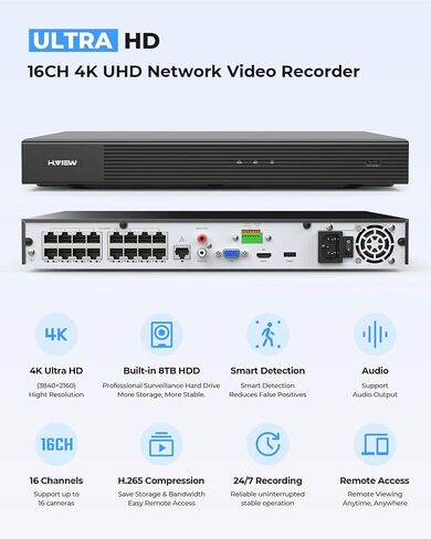 نظام كاميرا أمان H.VIEW 4K 32 قناة NVR PoE 8 تيرابايت، اكتشاف المركبات البشرية بالذكاء الاصطناعي، مفتاح PoE 24 منفذًا، كاميرات IP PoE الصوتية التجارية الخارجية 20 × 8 ميجابكسل، اكتشاف الذكاء الاصطناعي، المراقبة للأعمال in Saudi Arabia