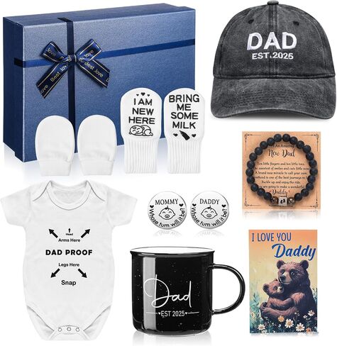 9 Pcs New Dads Gifts for Men 2025 Soon to Be Dads Gifts Daddy to Be Bracelet Hat Mug Decision Coin Baby Gloves Socks and Bodysuit Set Greeting Card for First Time Expecting Daddy in Saudi Arabia