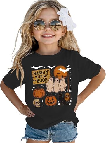 Toddler Baby Girls Boys Halloween T Shirt Retro Ghost Pumpkin Graphic Shirt Hanging with My Boos Tee Spooky Vibes Top in Kuwait