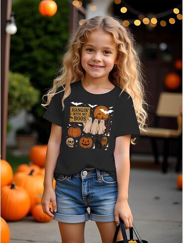 Toddler Baby Girls Boys Halloween T Shirt Retro Ghost Pumpkin Graphic Shirt Hanging with My Boos Tee Spooky Vibes Top in Kuwait