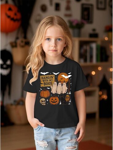 Toddler Baby Girls Boys Halloween T Shirt Retro Ghost Pumpkin Graphic Shirt Hanging with My Boos Tee Spooky Vibes Top in Kuwait