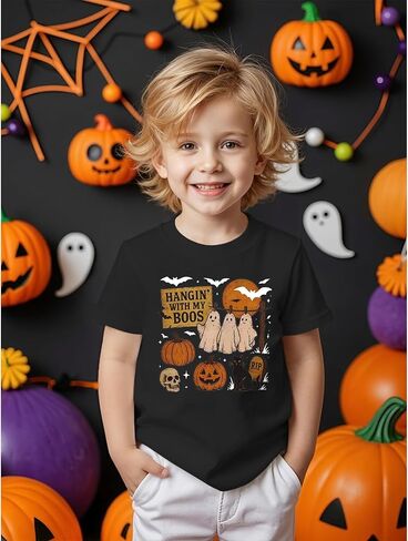 Toddler Baby Girls Boys Halloween T Shirt Retro Ghost Pumpkin Graphic Shirt Hanging with My Boos Tee Spooky Vibes Top in Kuwait
