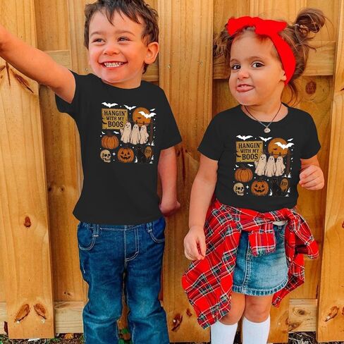 Toddler Baby Girls Boys Halloween T Shirt Retro Ghost Pumpkin Graphic Shirt Hanging with My Boos Tee Spooky Vibes Top in Kuwait