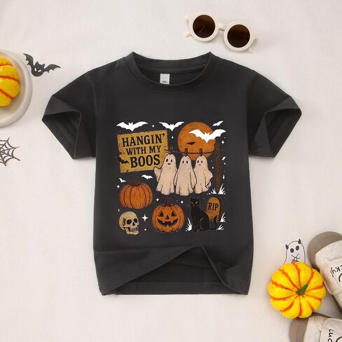 Toddler Baby Girls Boys Halloween T Shirt Retro Ghost Pumpkin Graphic Shirt Hanging with My Boos Tee Spooky Vibes Top in Kuwait