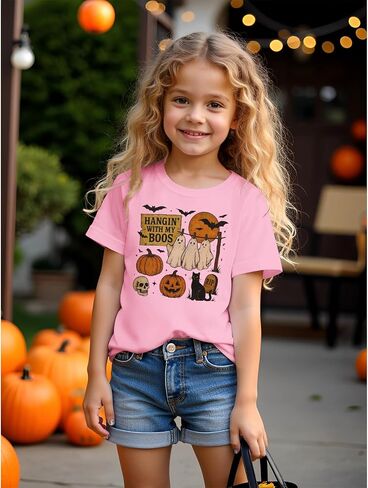 Toddler Baby Girls Boys Halloween T Shirt Retro Ghost Pumpkin Graphic Shirt Hanging with My Boos Tee Spooky Vibes Top in Kuwait