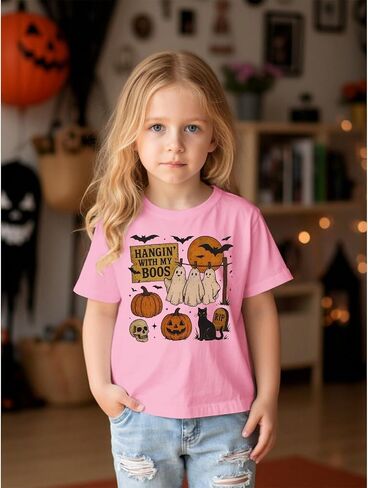 Toddler Baby Girls Boys Halloween T Shirt Retro Ghost Pumpkin Graphic Shirt Hanging with My Boos Tee Spooky Vibes Top in Kuwait