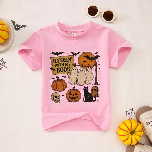 Toddler Baby Girls Boys Halloween T Shirt Retro Ghost Pumpkin Graphic Shirt Hanging with My Boos Tee Spooky Vibes Top in Kuwait