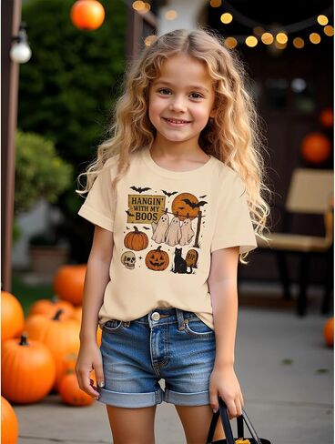 Toddler Baby Girls Boys Halloween T Shirt Retro Ghost Pumpkin Graphic Shirt Hanging with My Boos Tee Spooky Vibes Top in Saudi Arabia