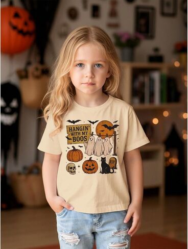 Toddler Baby Girls Boys Halloween T Shirt Retro Ghost Pumpkin Graphic Shirt Hanging with My Boos Tee Spooky Vibes Top in Saudi Arabia