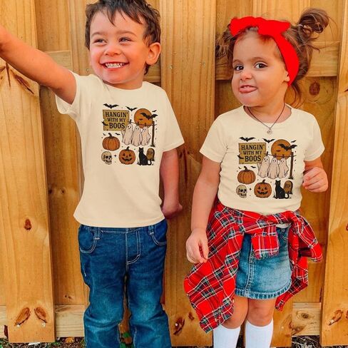 Toddler Baby Girls Boys Halloween T Shirt Retro Ghost Pumpkin Graphic Shirt Hanging with My Boos Tee Spooky Vibes Top in Saudi Arabia