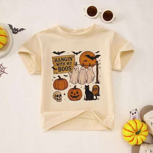 Toddler Baby Girls Boys Halloween T Shirt Retro Ghost Pumpkin Graphic Shirt Hanging with My Boos Tee Spooky Vibes Top in Saudi Arabia