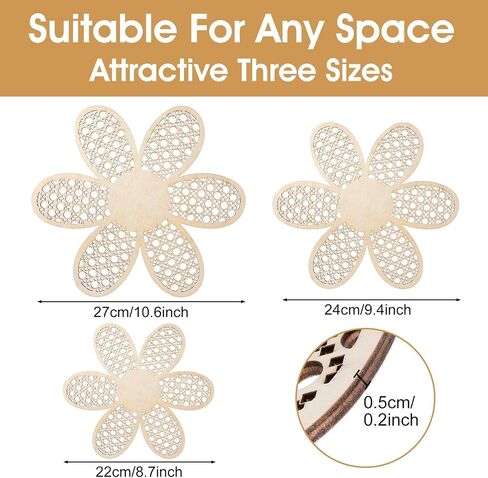 CIATBYYJ 3 Pieces Boho Daisy Wall Decor, Wooden Daisy Wall Art, Natural Rattan Flower Walls Hanging Art for Home Office Nursery, Farmhouse Bathroom Decorations (Wooden Color) in Saudi Arabia